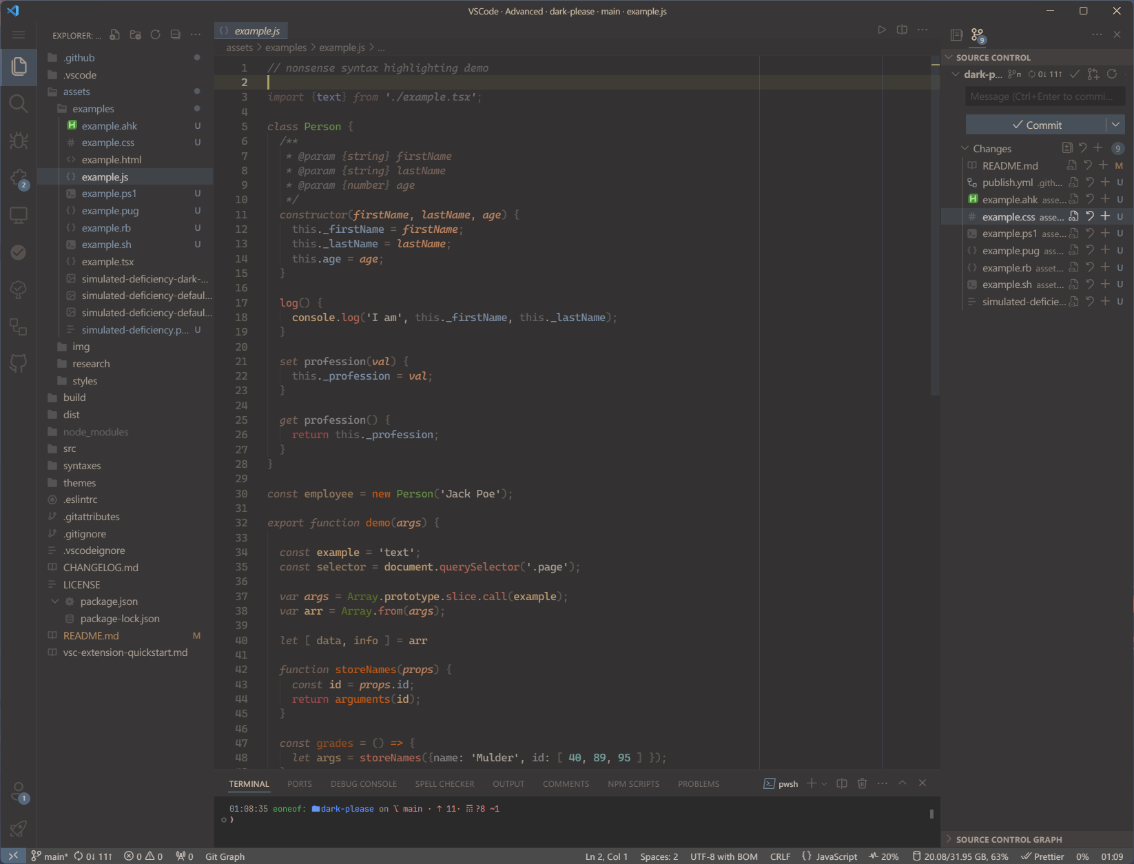 Скриншот тёмной темы для VS Code